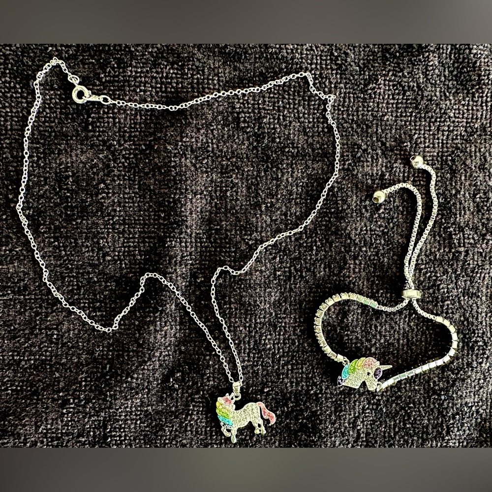 Rainbow Unicorn Rhinestone Necklace & Adjustable Bracelet Set – Silver Jewelry